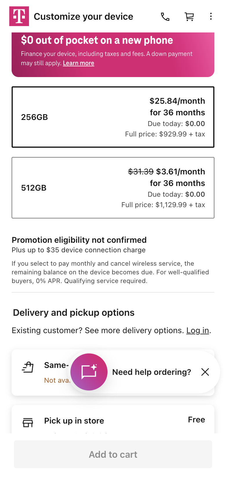 A mock-up of the same page: 256GB at $25.84 a month for 36 months with no crossed-out price, and the note Promotion eligibility not confirmed