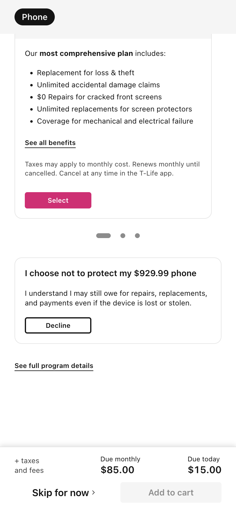 A mock-up of the phone configuration page with the window hidden, showing the protection plans and the I choose not to protect my $929.99 phone option with its Decline button