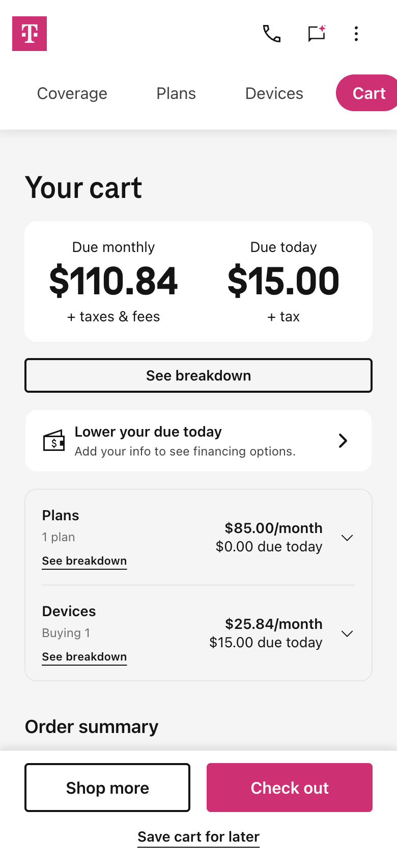 T-Mobile's cart showing Due monthly $110.84 plus taxes and fees and Due today $15.00 plus tax, with the plan and the device listed below