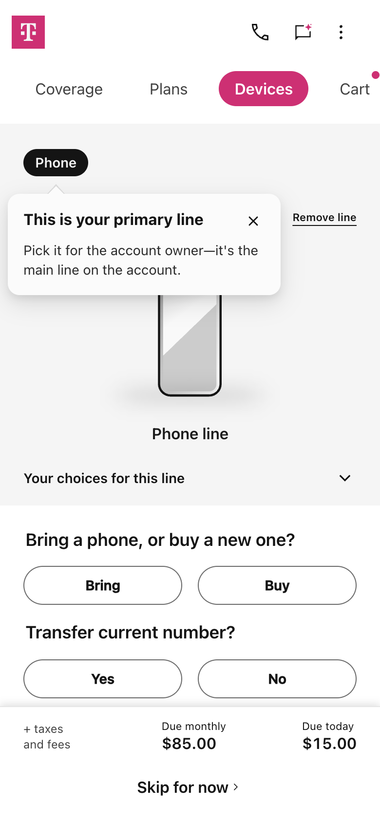 T-Mobile's Devices step with an empty phone line asking Bring a phone, or buy a new one, and Transfer current number, with Skip for now at the bottom