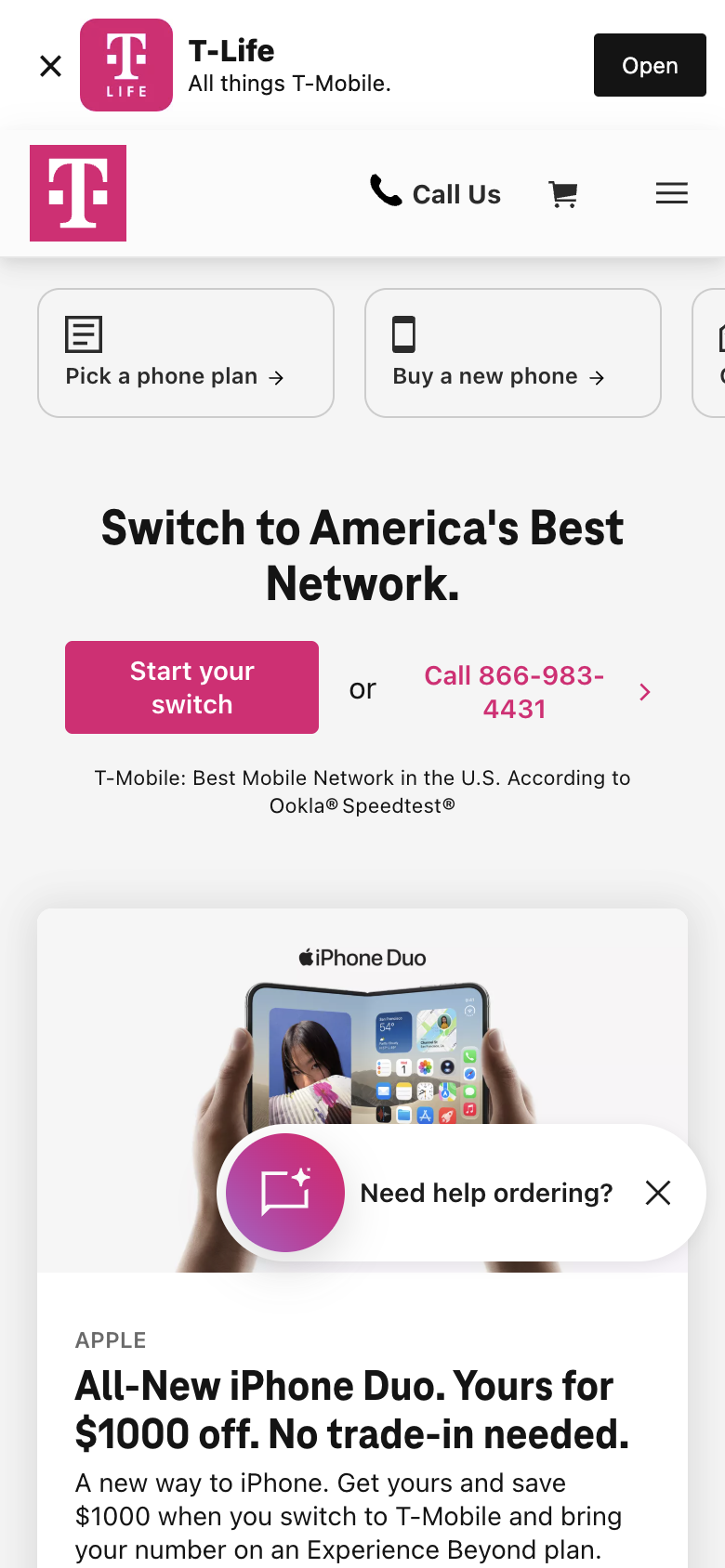 T-Mobile's home page on a phone with shortcuts for Pick a phone plan and Buy a new phone, and Switch to America's Best Network with a Start your switch button