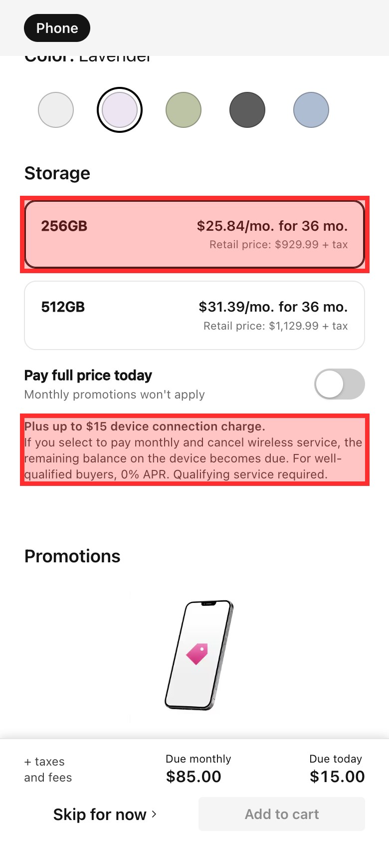 T-Mobile's phone line showing 256GB at $25.84 a month for 36 months with a retail price of $929.99, and Plus up to $15 device connection charge, marked in red