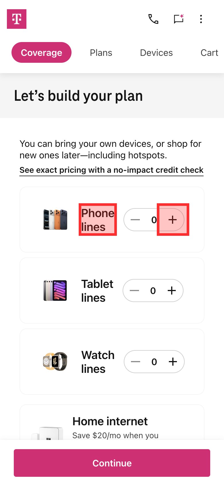 T-Mobile's Let's build your plan page with Phone lines at 0 and its increase button marked in red