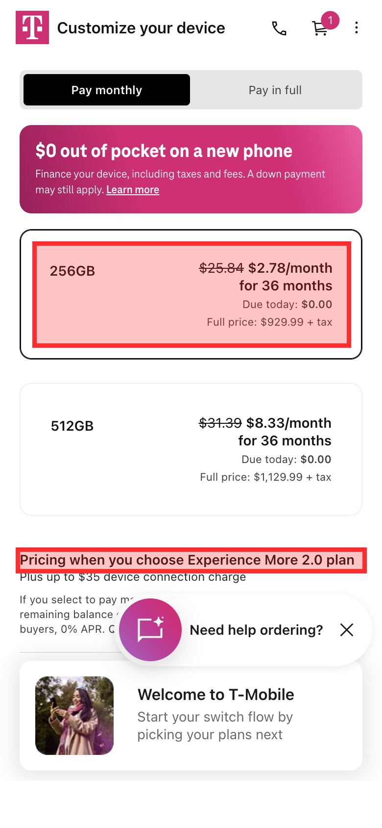 T-Mobile's iPhone 17 page reopened with the plan in the cart, showing $25.84 crossed out and $2.78 a month, and the note Pricing when you choose Experience More 2.0 plan, marked in red