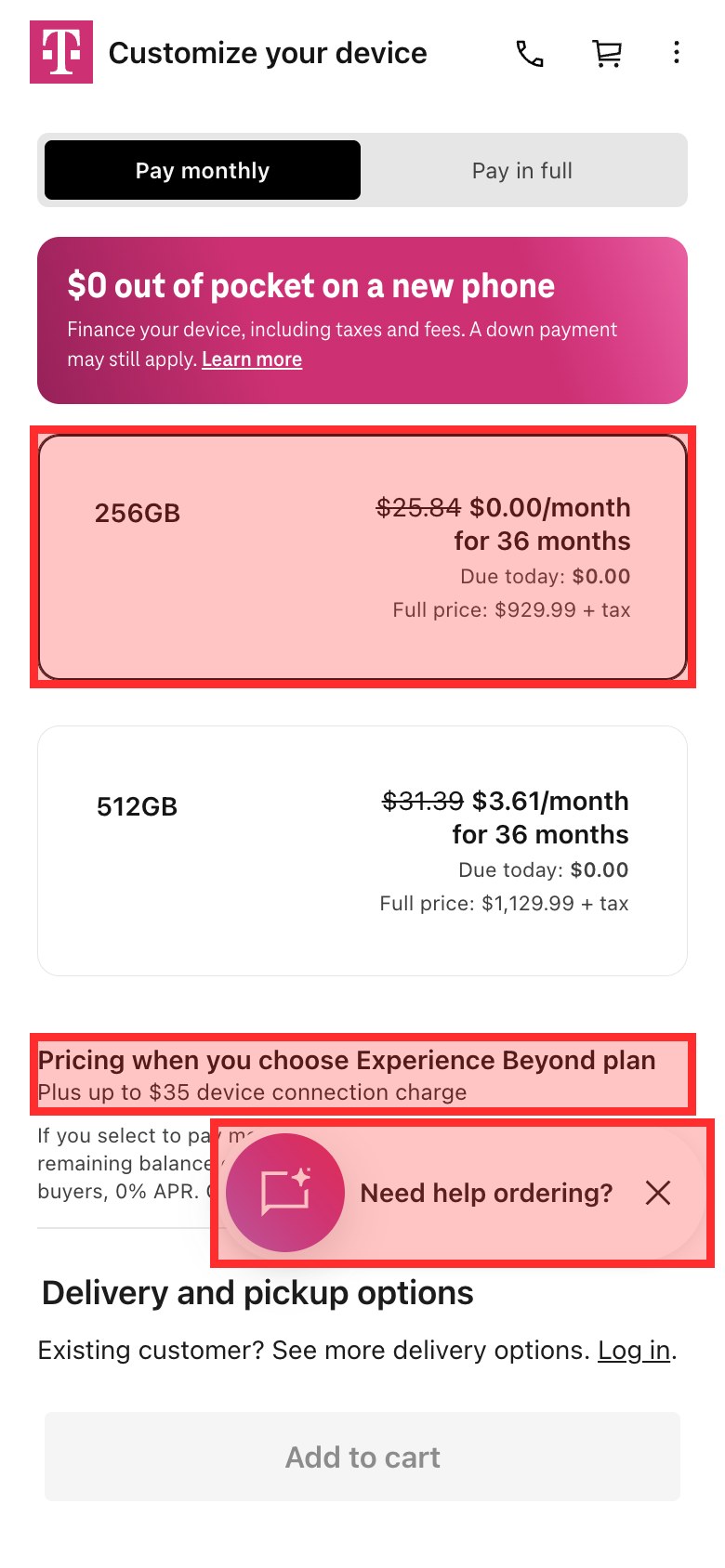 T-Mobile's iPhone 17 page with the 256GB option showing $25.84 crossed out and $0.00 a month for 36 months, and the note Pricing when you choose Experience Beyond plan in smaller text below, both marked in red