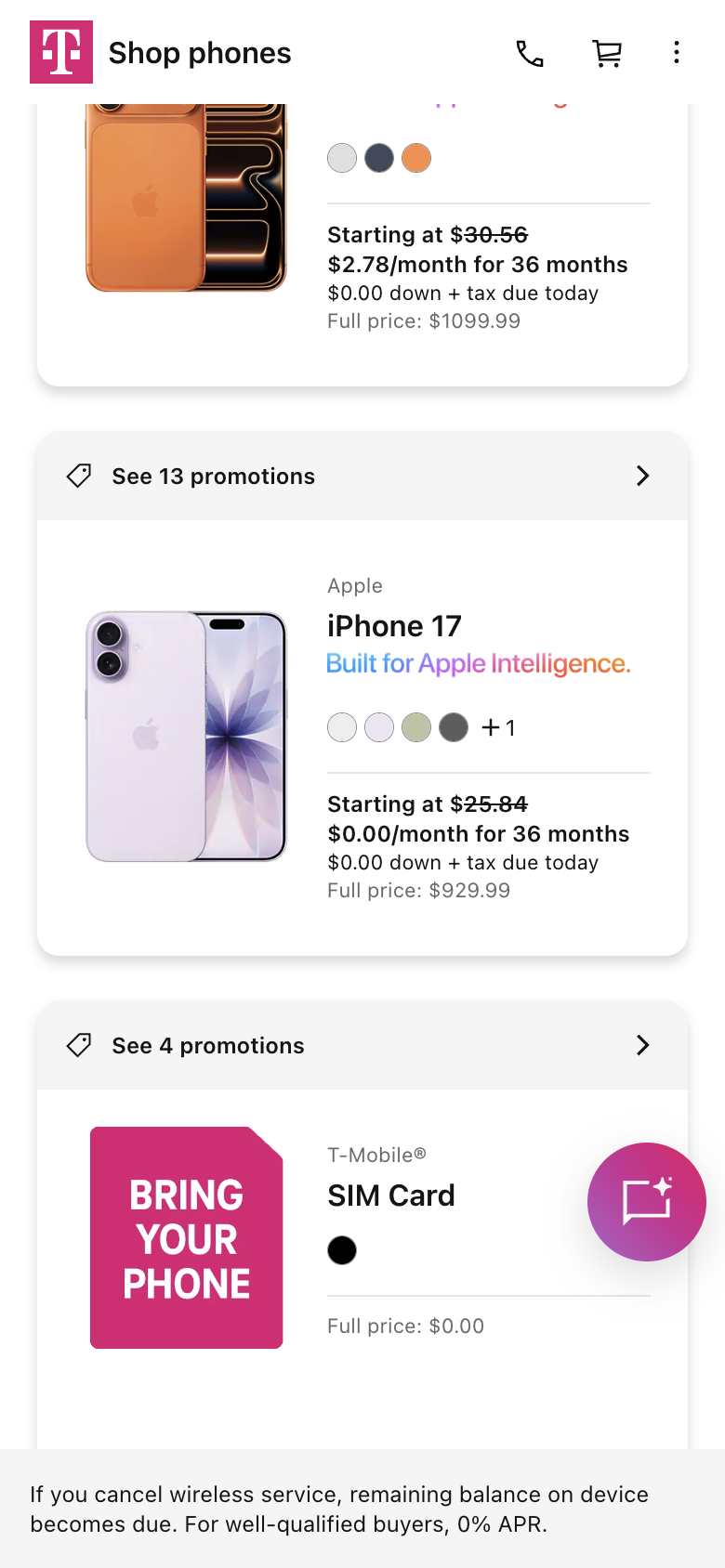 T-Mobile's phones list with the Apple iPhone 17 card reading Starting at $25.84, crossed out, and $0.00 a month for 36 months