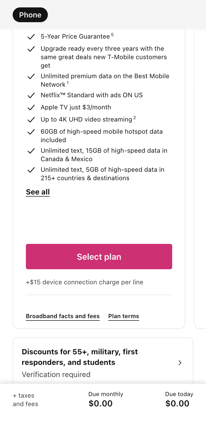 T-Mobile's plan step for one phone line with a plan's highlights, a Select plan button and a $15 device connection charge per line