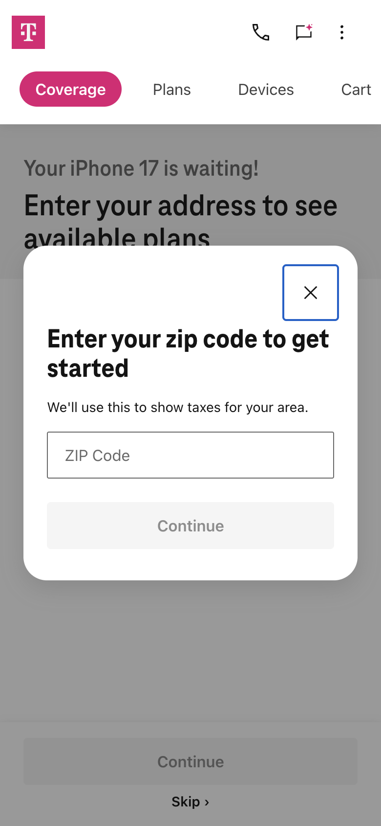 T-Mobile's switching flow headed Your iPhone 17 is waiting, with a window asking for a ZIP code that says We'll use this to show taxes for your area