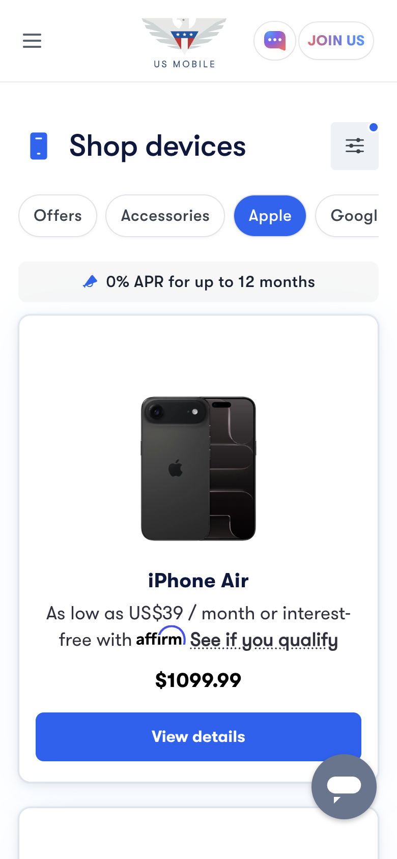 US Mobile's Shop devices page filtered to Apple, with the iPhone Air at $1099.99 first