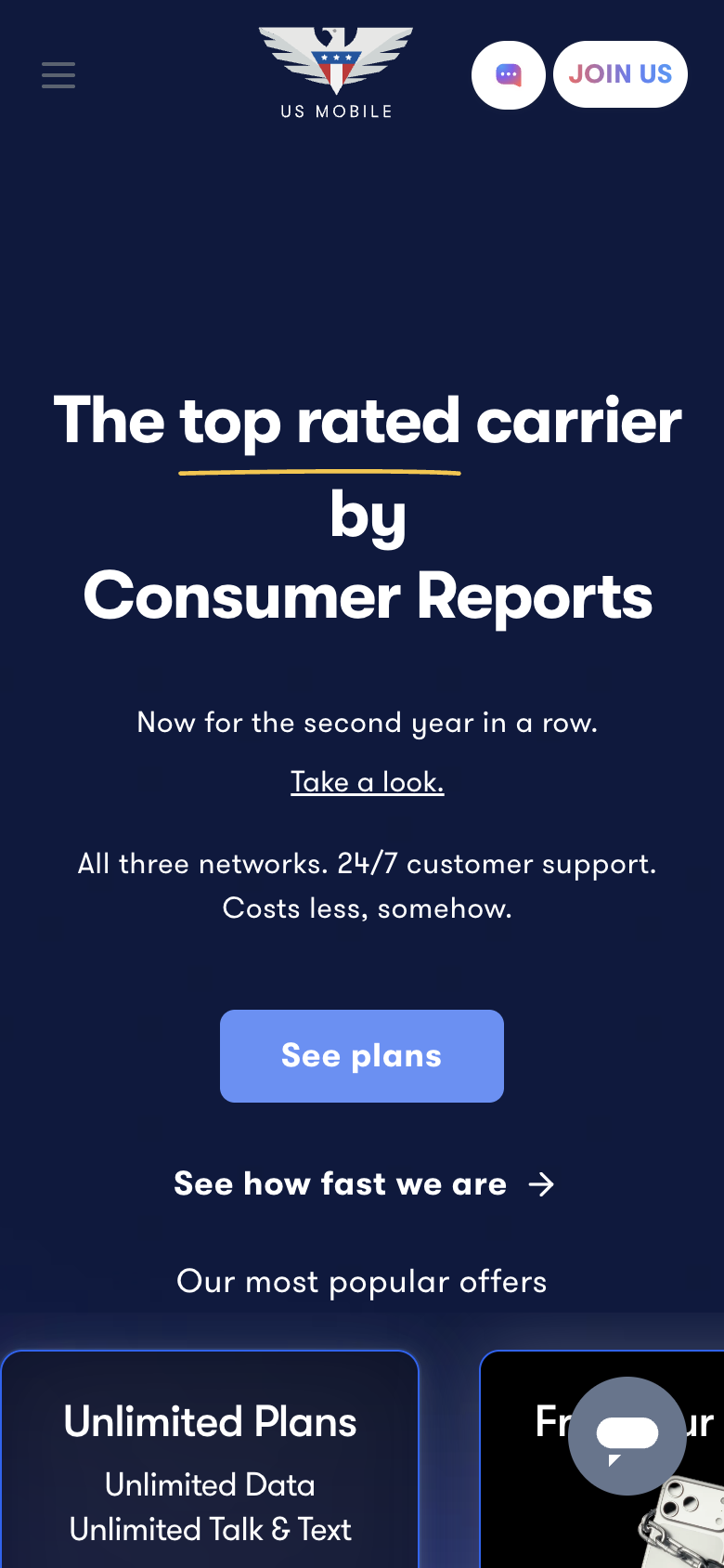 US Mobile's home page on a phone headed The top rated carrier by Consumer Reports, with one See plans button