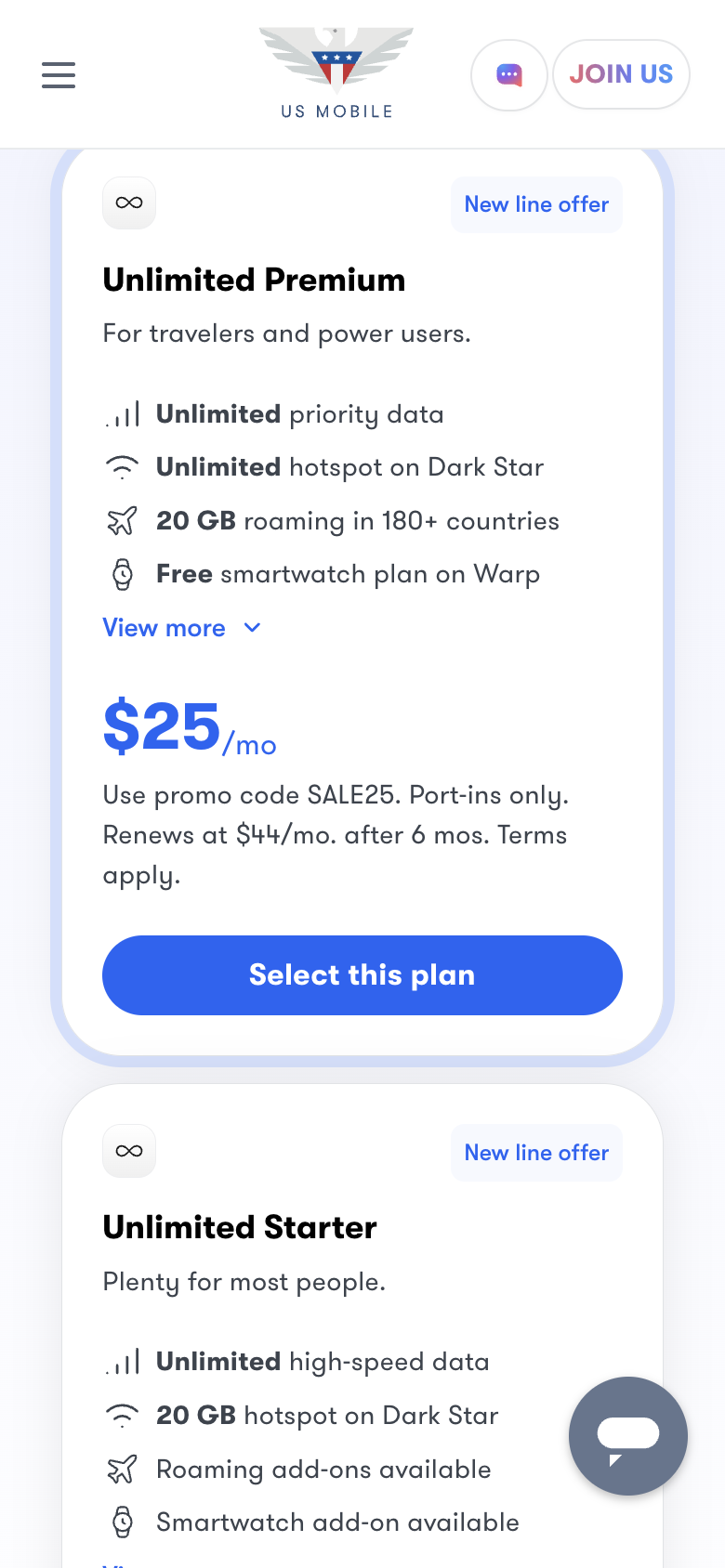 US Mobile's Unlimited Premium plan card at $25 a month with promo code SALE25, for port-ins only, renewing at $44 a month after six months