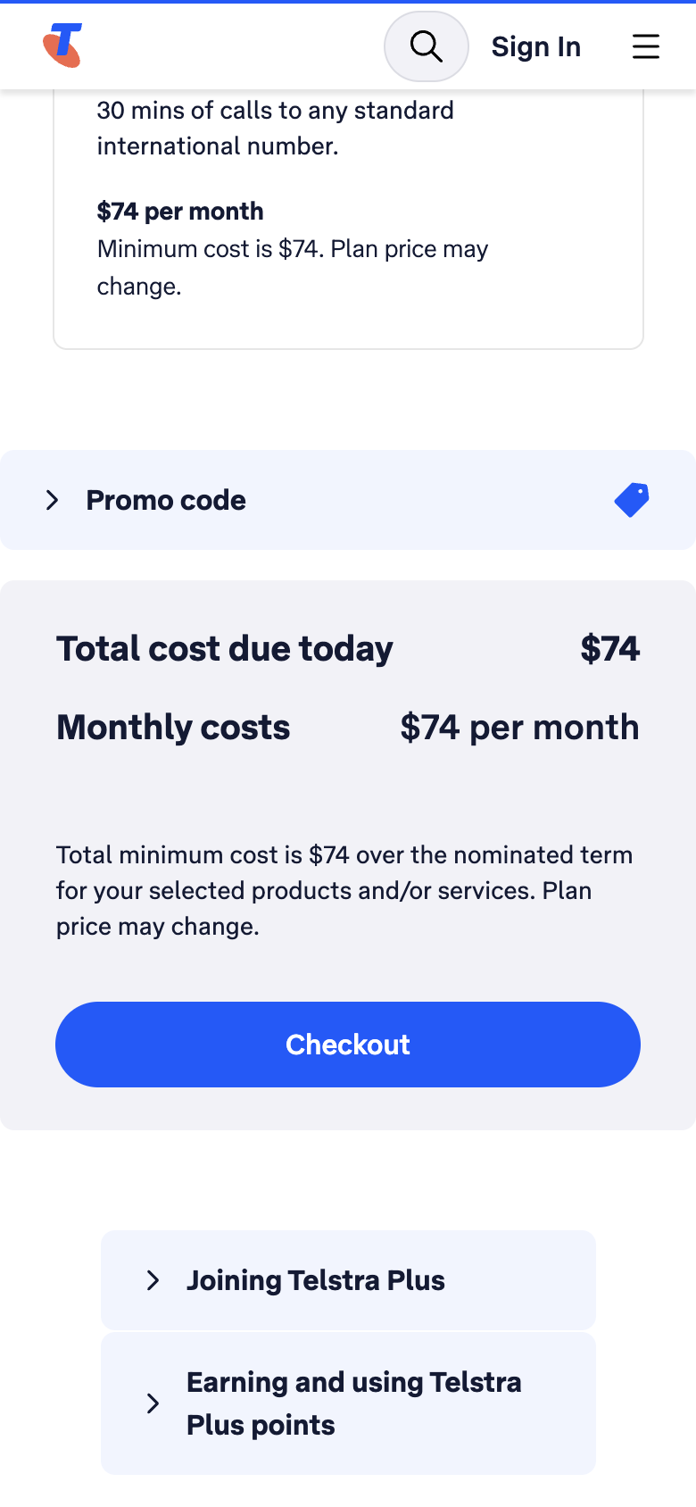 Telstra's live cart showing a collapsed Promo code row, $74 due today and $74 per month