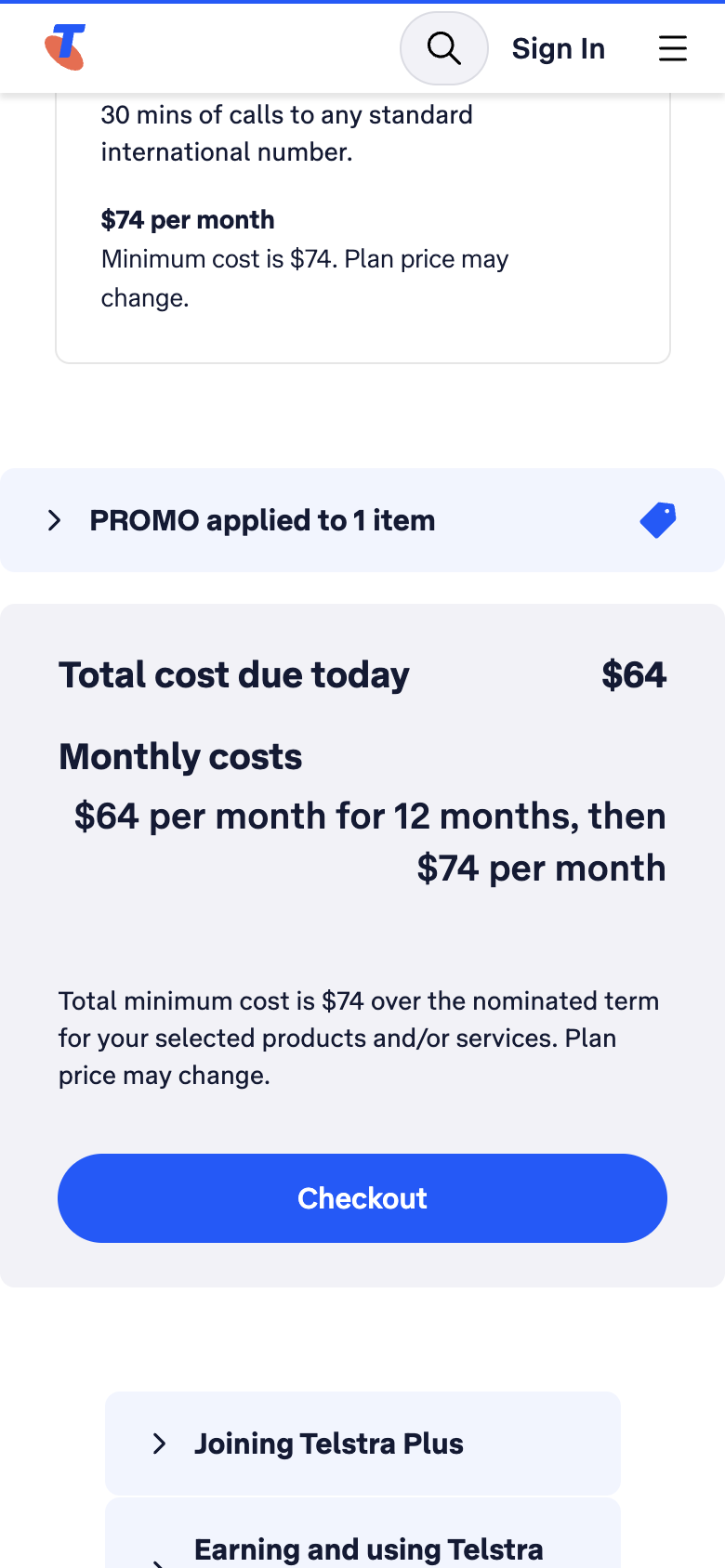 A mock-up of Telstra's cart made by changing only its text: PROMO applied to 1 item, $64 due today and $64 per month for 12 months, then $74 per month