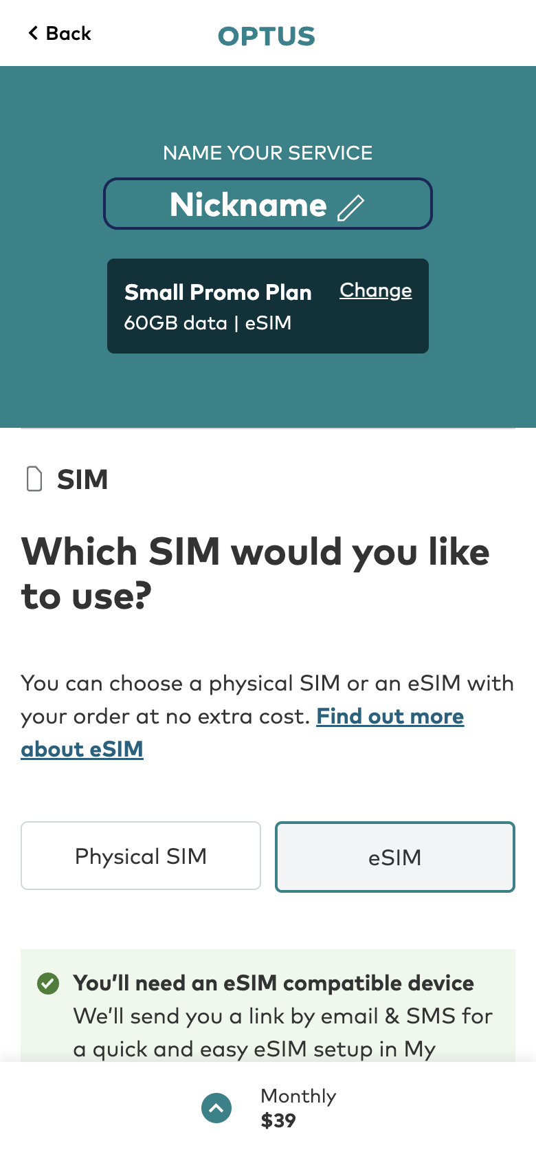 Optus's first order step asking which SIM to use, with the Small Promo Plan summary at the top and $39 monthly at the bottom