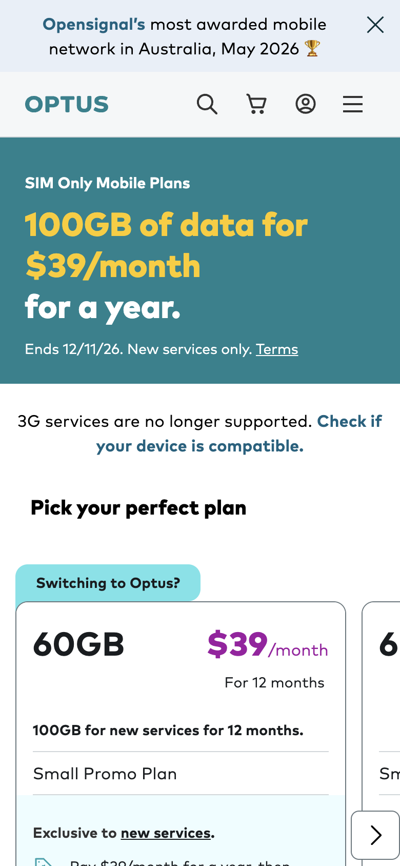 Optus's SIM plans page on a phone showing 100GB of data for $39 a month for a year and the first plan card