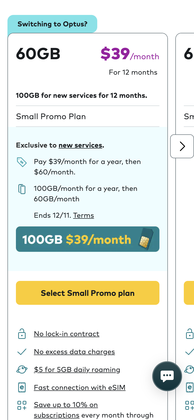 Optus's Small Promo plan card showing 60GB for $39 a month for 12 months with the Select Small Promo plan button underneath