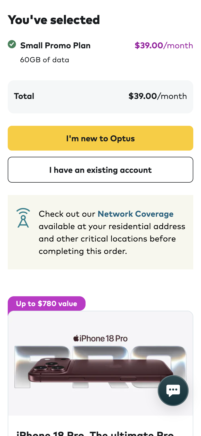 Optus's You've selected panel showing the Small Promo Plan, 60GB, $39.00 a month total and buttons for new or existing customers
