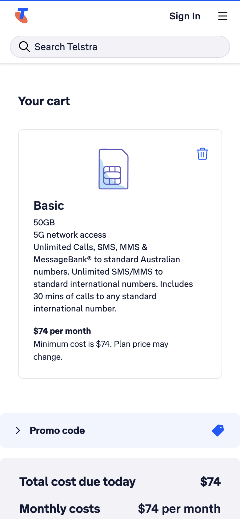Telstra's cart showing the Basic plan at $74 a month with the offer hidden behind a collapsed Promo code row