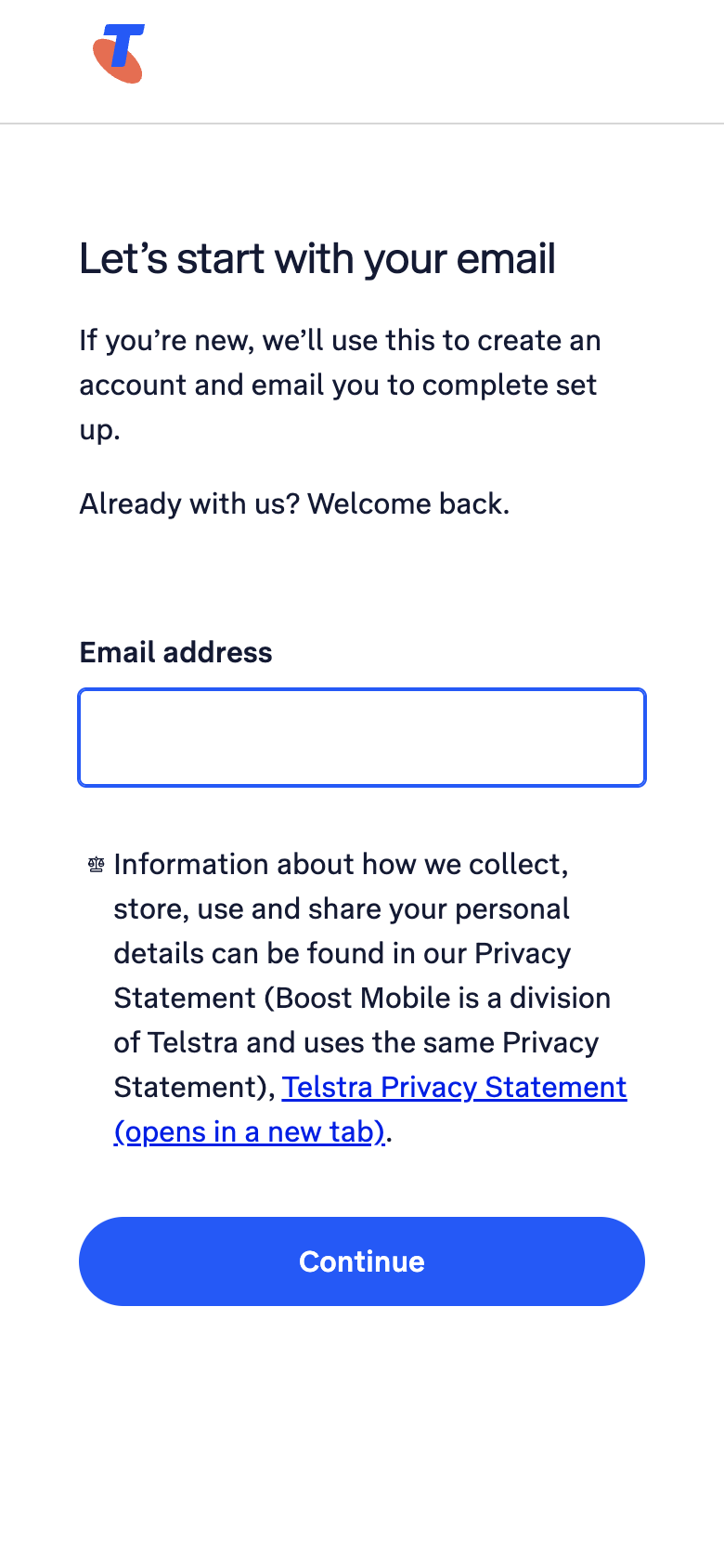 Telstra's checkout opening on Let's start with your email, with no plan or price shown