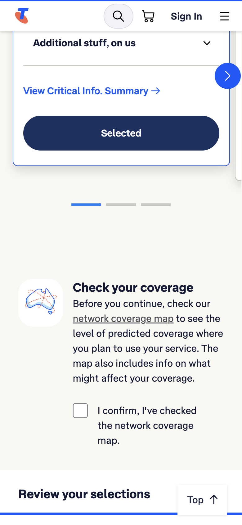 Telstra's Basic plan marked Selected above a Check your coverage step with a required I confirm I've checked the network coverage map tick box