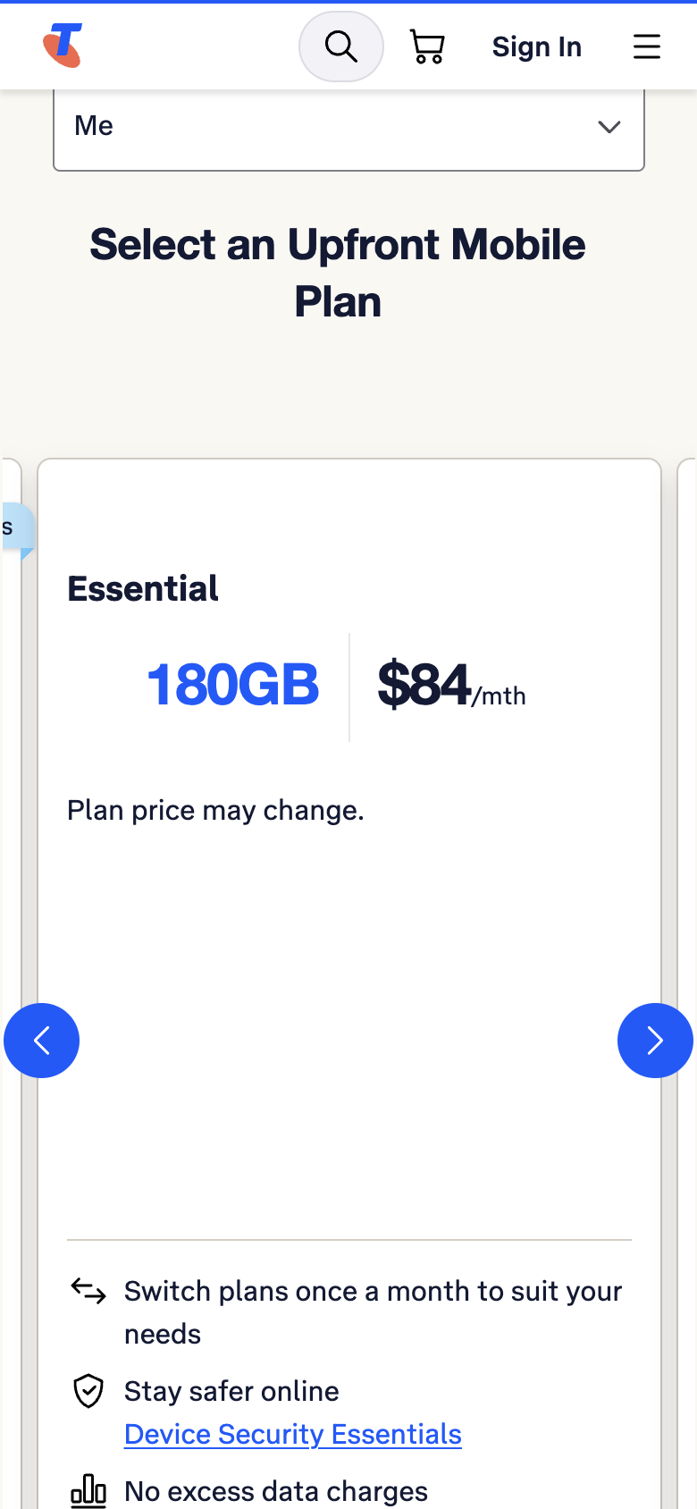Telstra's Select an Upfront Mobile Plan carousel opening on the Essential plan, 180GB for $84 a month, with the Basic plan hidden at the left edge