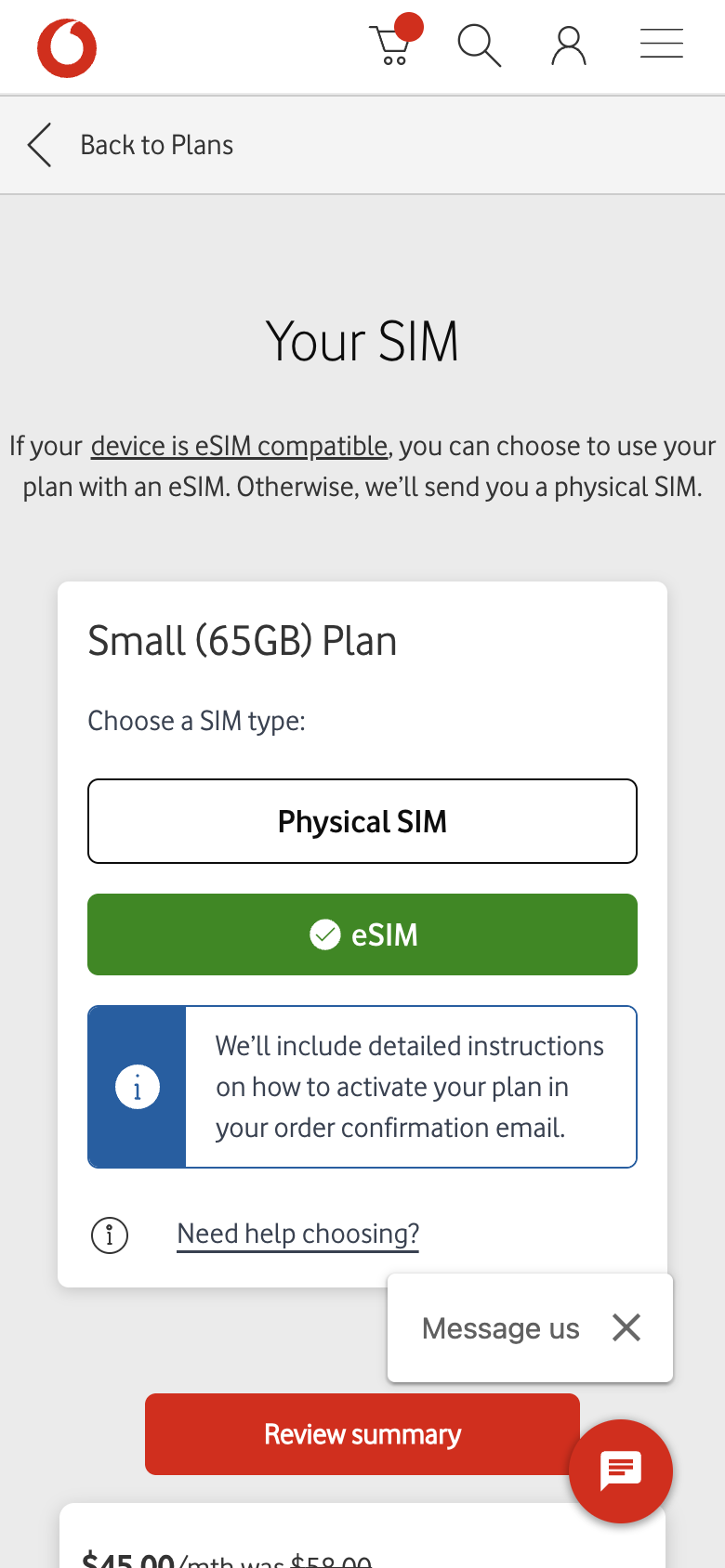 Vodafone's Your SIM step showing the Small 65GB plan with a Back to Plans link
