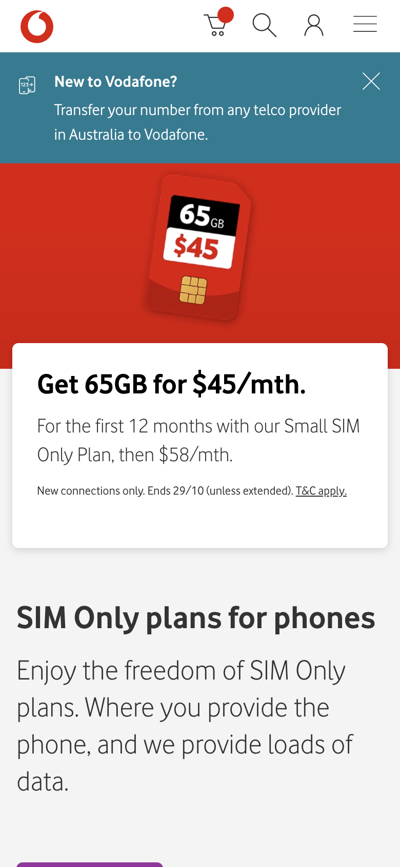 Vodafone's SIM Only plans page on a phone offering 65GB for $45 a month for the first 12 months, then $58