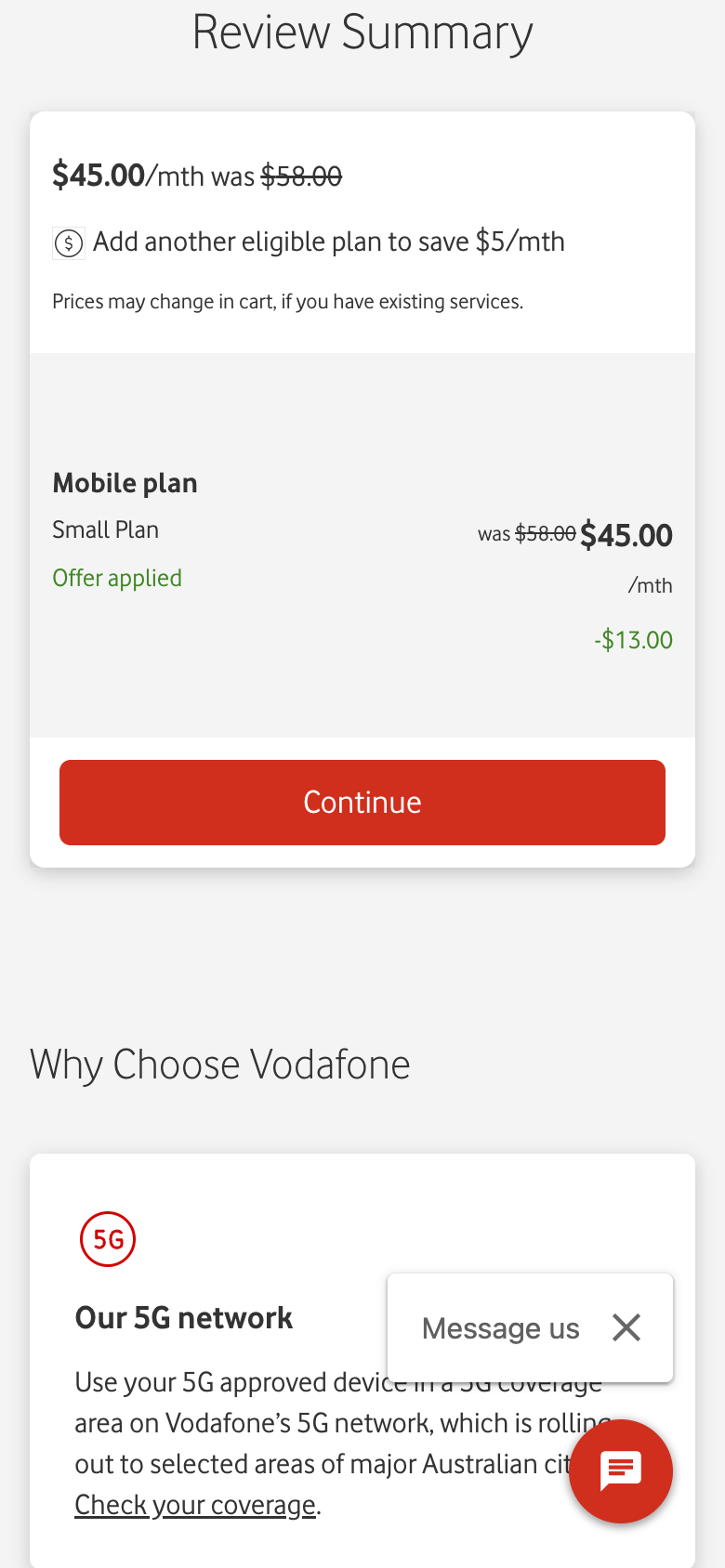 Vodafone's Review Summary showing $45 a month, was $58, Offer applied and a $13 saving