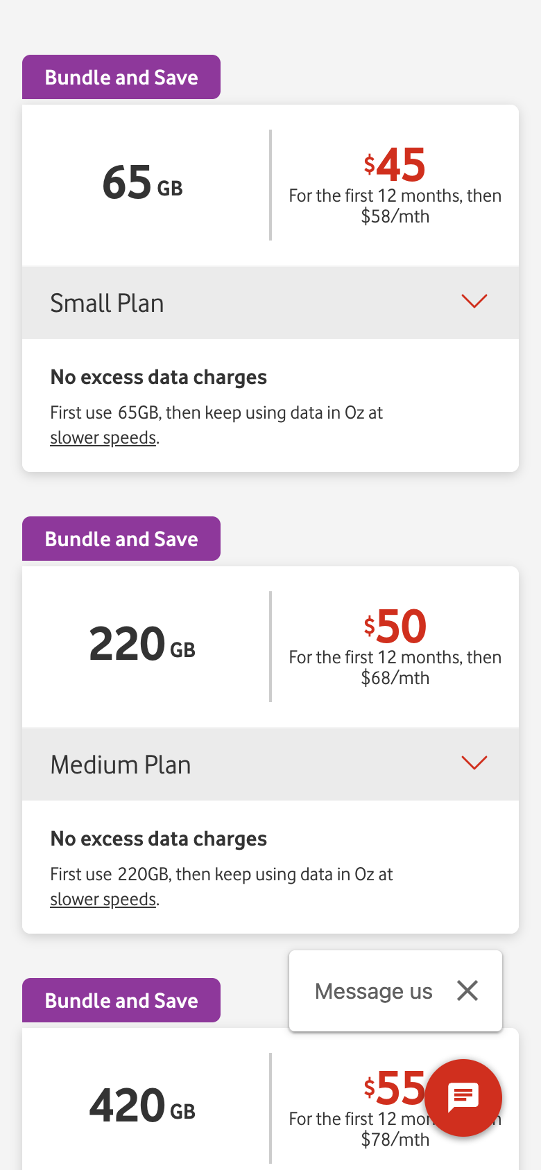 Vodafone's SIM Only plans stacked in a list: 65GB for $45, 220GB for $50 and 420GB for $55 a month for the first 12 months