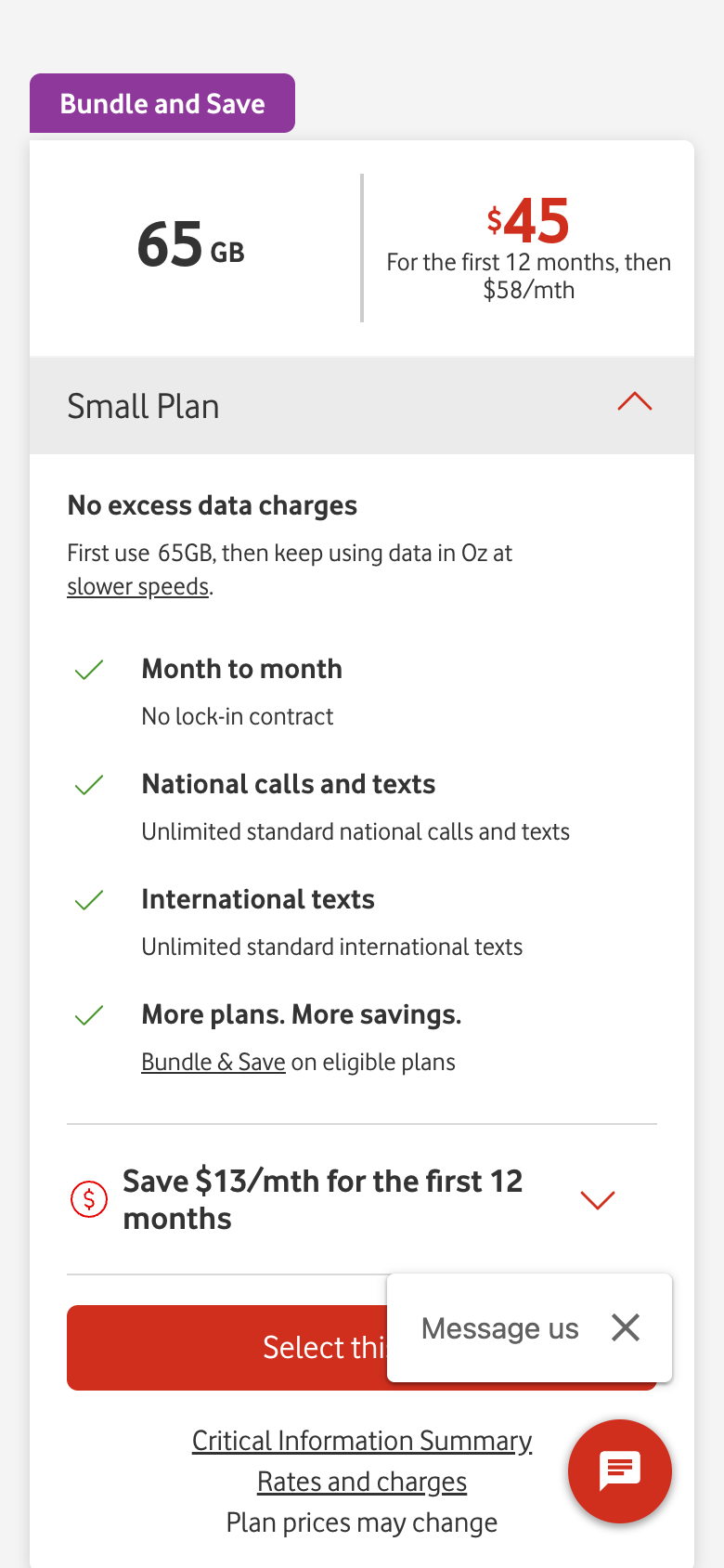 Vodafone's expanded Small Plan card with the Select this plan button half covered by a Message us pop-up
